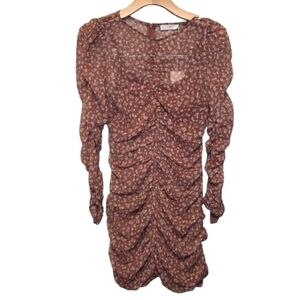 Lush Floral Puff Shoulder Long-sleeve Ruched Mini Dress in Marsala Taupe Size S
